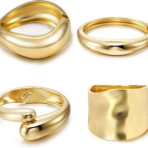 Set of 4 Stylish Gold Silver Women's Chunky Hinged Cuff Bracelets